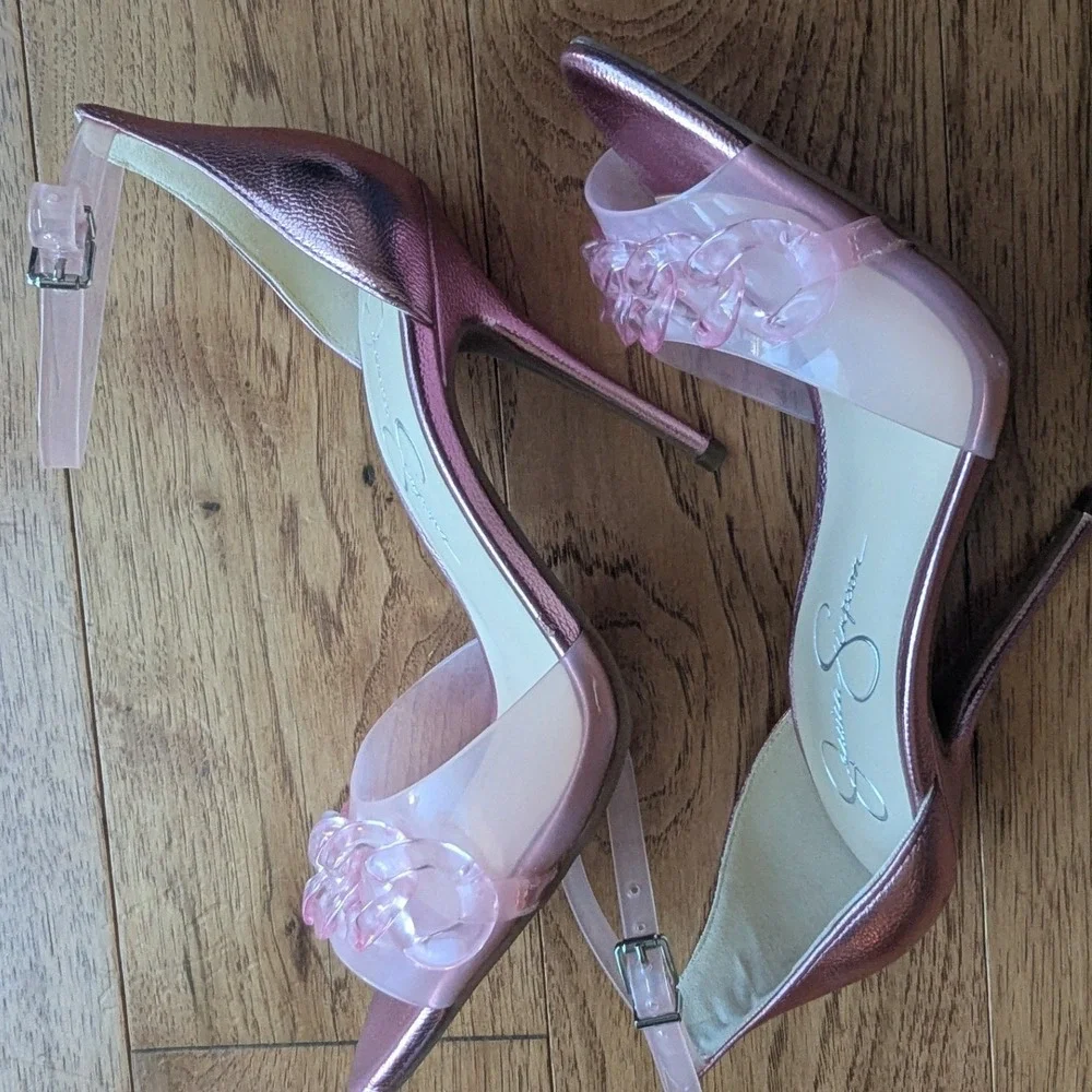 Jessica Simpson Wayri Sandals Metallic Pink‎ Clear Chain Strap Stiletto Heels 7M